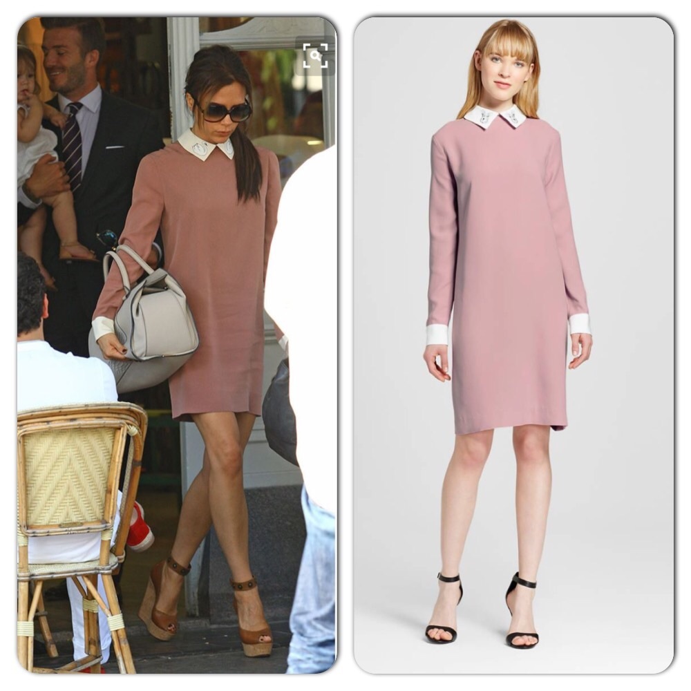 Victoria Beckham Pink Long Sleeve Shift Dress with White Collar